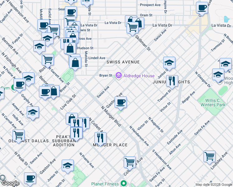 map of restaurants, bars, coffee shops, grocery stores, and more near 5409 Gaston Avenue in Dallas