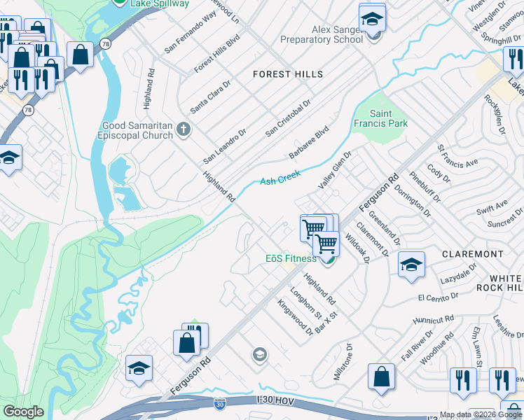 map of restaurants, bars, coffee shops, grocery stores, and more near 2015 Highland Road in Dallas