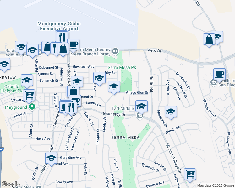 map of restaurants, bars, coffee shops, grocery stores, and more near 3365 Village Glen Drive in San Diego