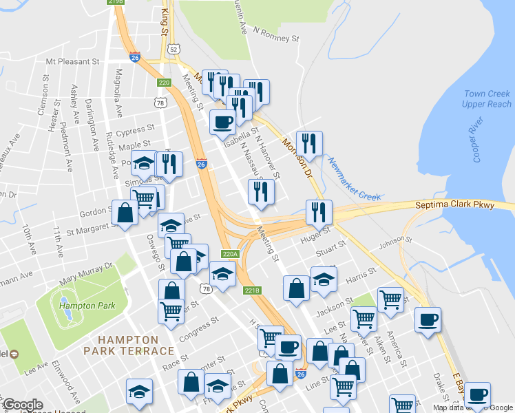 map of restaurants, bars, coffee shops, grocery stores, and more near 628 Meeting Street in Charleston