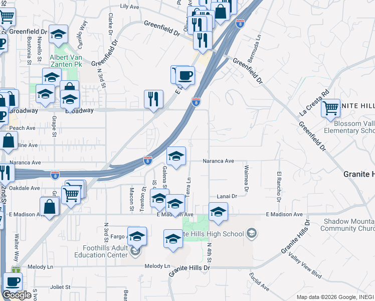 map of restaurants, bars, coffee shops, grocery stores, and more near 826 Terra Lane in El Cajon