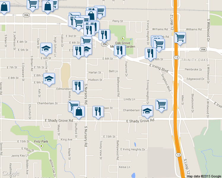 map of restaurants, bars, coffee shops, grocery stores, and more near 833 Balleywood Rd in Irving