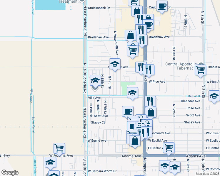 map of restaurants, bars, coffee shops, grocery stores, and more near 1357 North 17th Street in El Centro