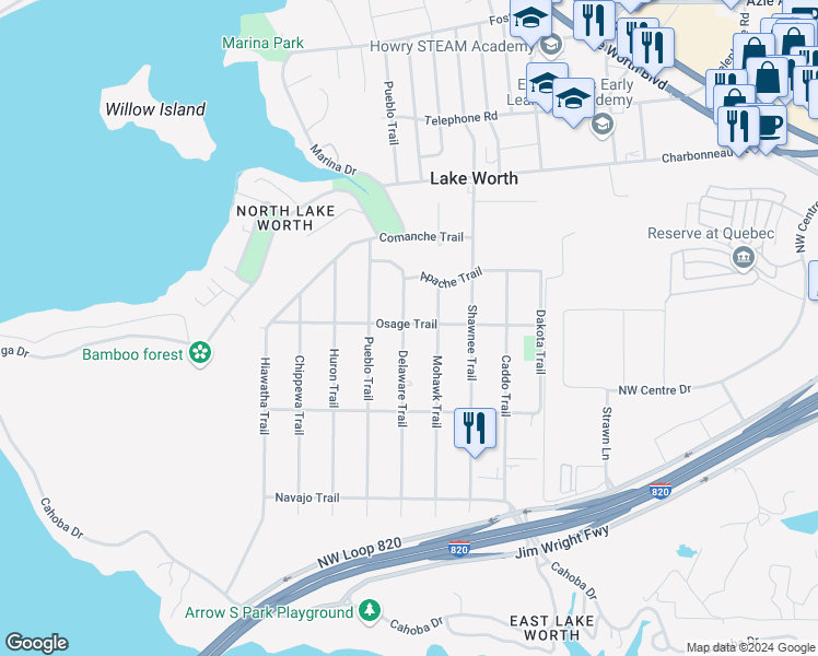 map of restaurants, bars, coffee shops, grocery stores, and more near 3240 Delaware Trail in Fort Worth
