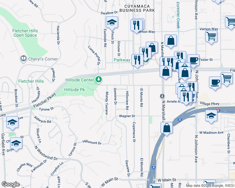 map of restaurants, bars, coffee shops, grocery stores, and more near 731 Dewane Drive in El Cajon