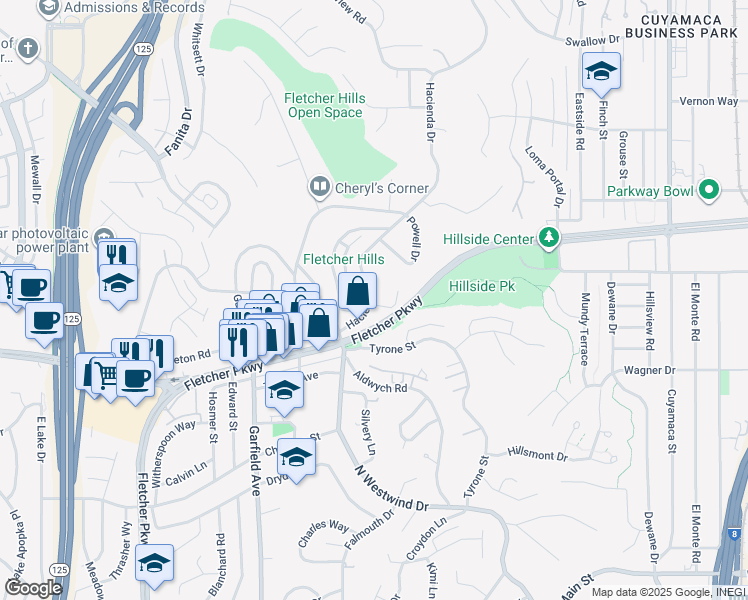 map of restaurants, bars, coffee shops, grocery stores, and more near 751 Hacienda Drive in El Cajon