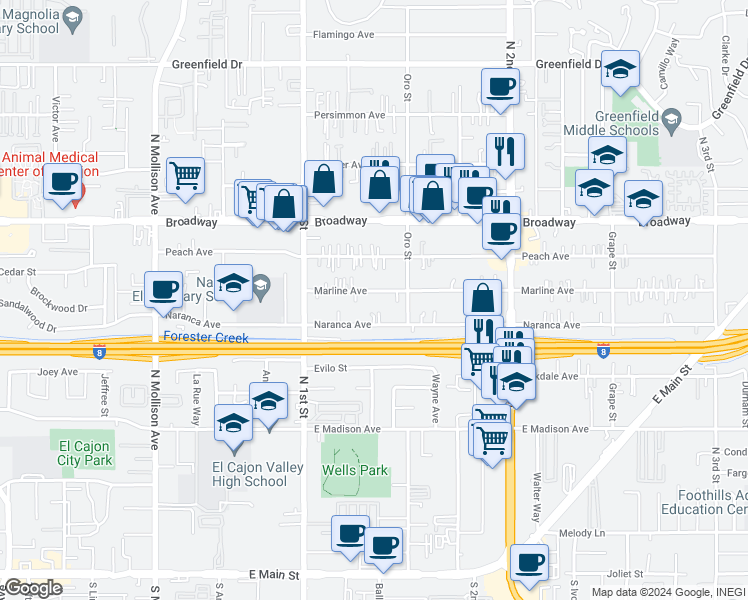 map of restaurants, bars, coffee shops, grocery stores, and more near 1163 Marline Avenue in El Cajon