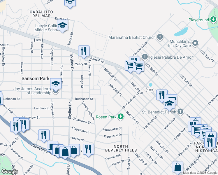 map of restaurants, bars, coffee shops, grocery stores, and more near 3409 Northwest 24th Street in Fort Worth