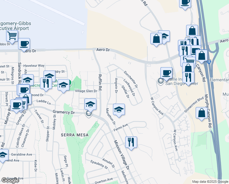 map of restaurants, bars, coffee shops, grocery stores, and more near 3450 Angwin Drive in San Diego