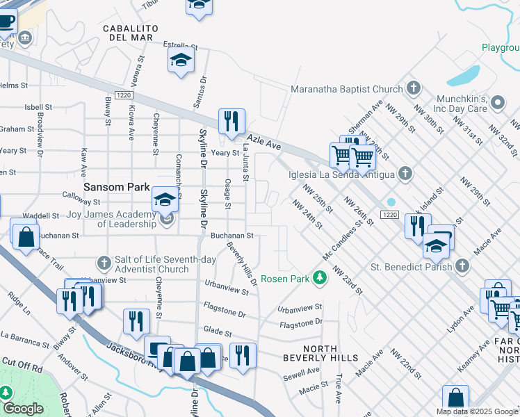 map of restaurants, bars, coffee shops, grocery stores, and more near 3100 La Junta Street in Fort Worth