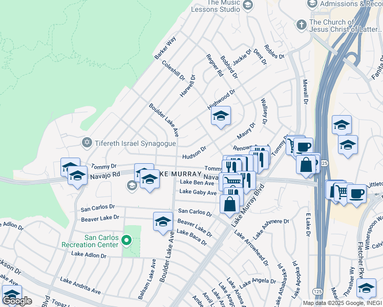 map of restaurants, bars, coffee shops, grocery stores, and more near 8374 Hudson Drive in San Diego