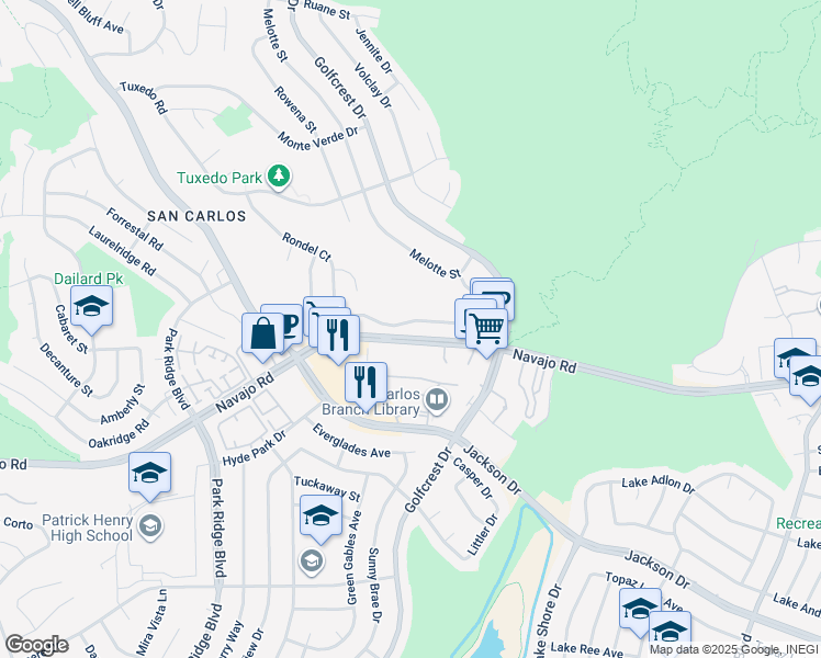 map of restaurants, bars, coffee shops, grocery stores, and more near 7167 Birchcreek Road in San Diego