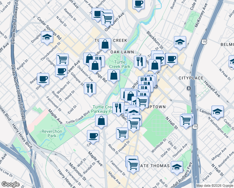 map of restaurants, bars, coffee shops, grocery stores, and more near 3026 Turtle Creek Trail in Dallas