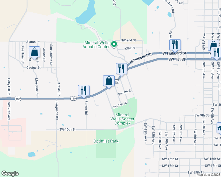 map of restaurants, bars, coffee shops, grocery stores, and more near 1505 U.S. 180 in Mineral Wells