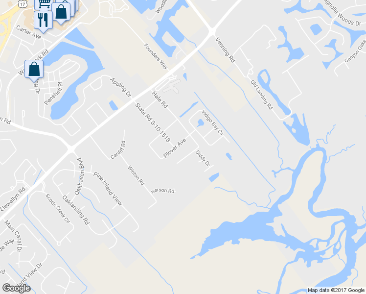 map of restaurants, bars, coffee shops, grocery stores, and more near 1525 Plover Avenue in Mount Pleasant