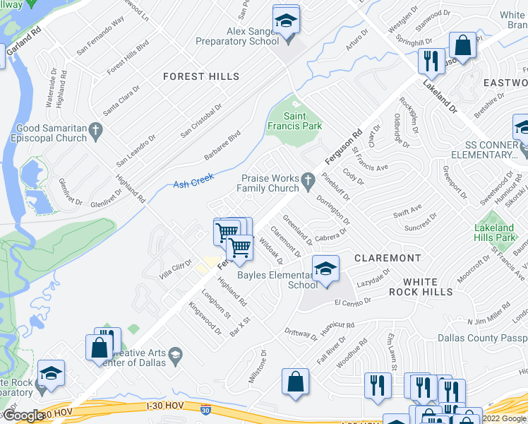 map of restaurants, bars, coffee shops, grocery stores, and more near 8145 Ferguson Road in Dallas
