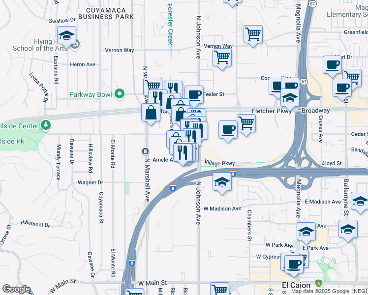 map of restaurants, bars, coffee shops, grocery stores, and more near 846 Arnele Avenue in El Cajon