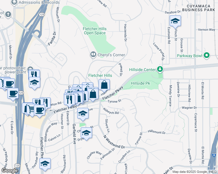 map of restaurants, bars, coffee shops, grocery stores, and more near 751 Hacienda Drive in El Cajon
