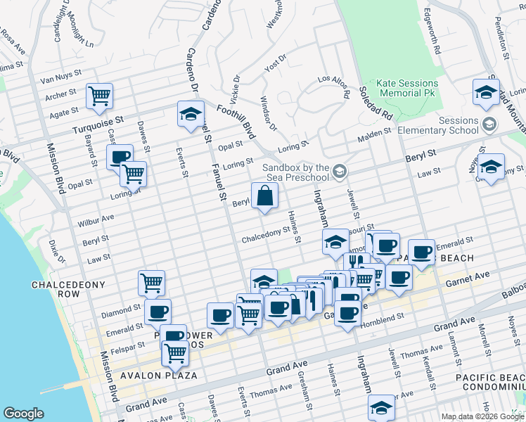 map of restaurants, bars, coffee shops, grocery stores, and more near 1406 Law Street in San Diego