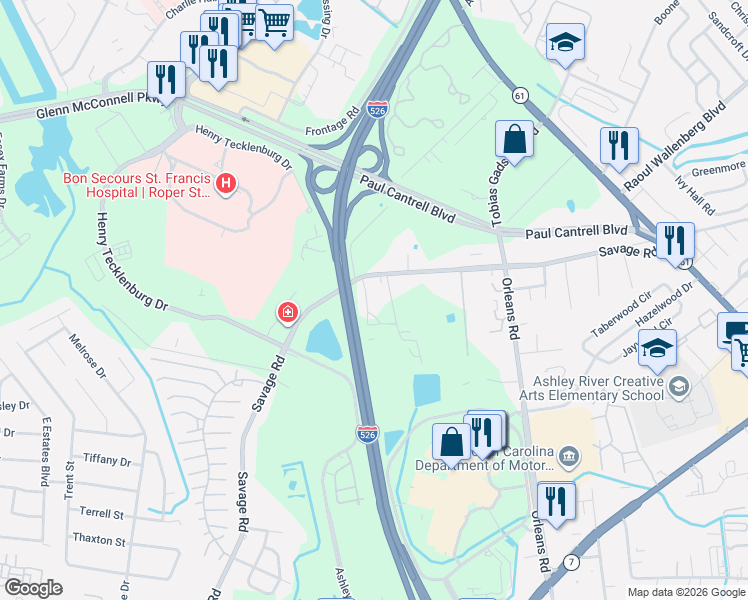map of restaurants, bars, coffee shops, grocery stores, and more near 6 San Miguel Road in Charleston