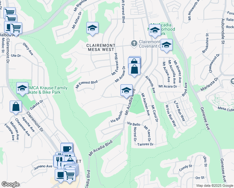 map of restaurants, bars, coffee shops, grocery stores, and more near 5332 Mount Burnham Drive in San Diego