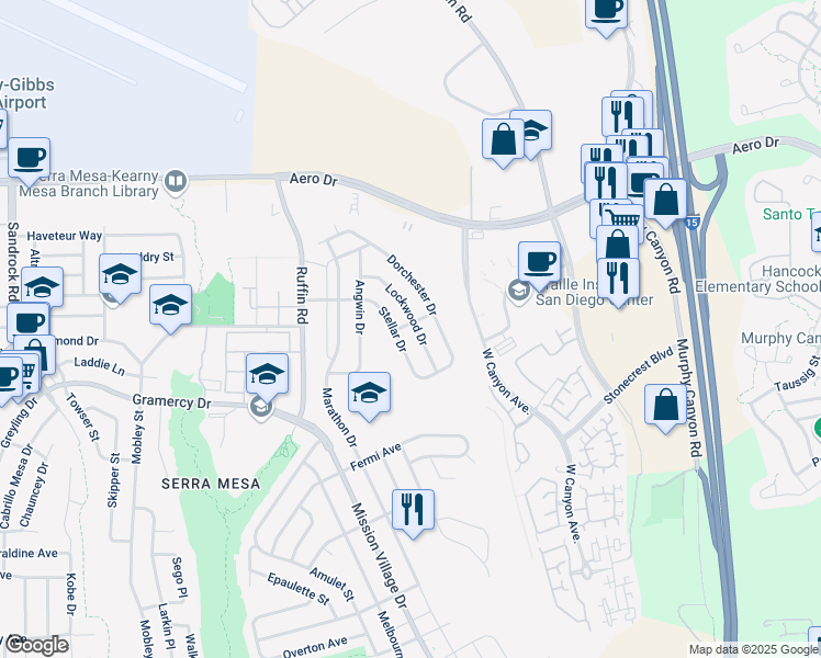 map of restaurants, bars, coffee shops, grocery stores, and more near 3396 Lockwood Drive in San Diego