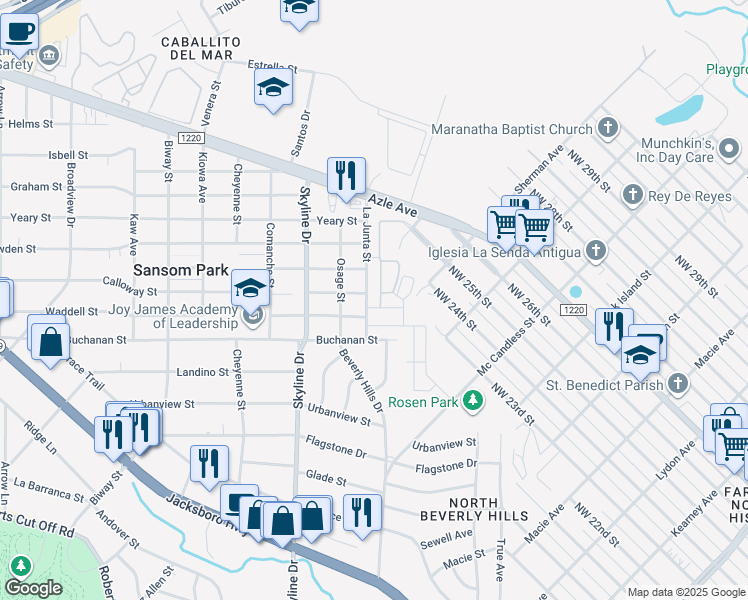 map of restaurants, bars, coffee shops, grocery stores, and more near 3100 La Junta Street in Fort Worth