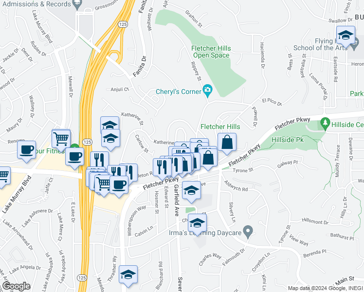 map of restaurants, bars, coffee shops, grocery stores, and more near 776 Wakefield Court in El Cajon