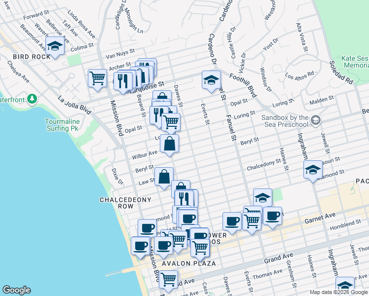 map of restaurants, bars, coffee shops, grocery stores, and more near 1049 Wilbur Avenue in San Diego