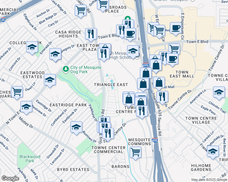 map of restaurants, bars, coffee shops, grocery stores, and more near 2920 Gus Thomasson Road in Mesquite