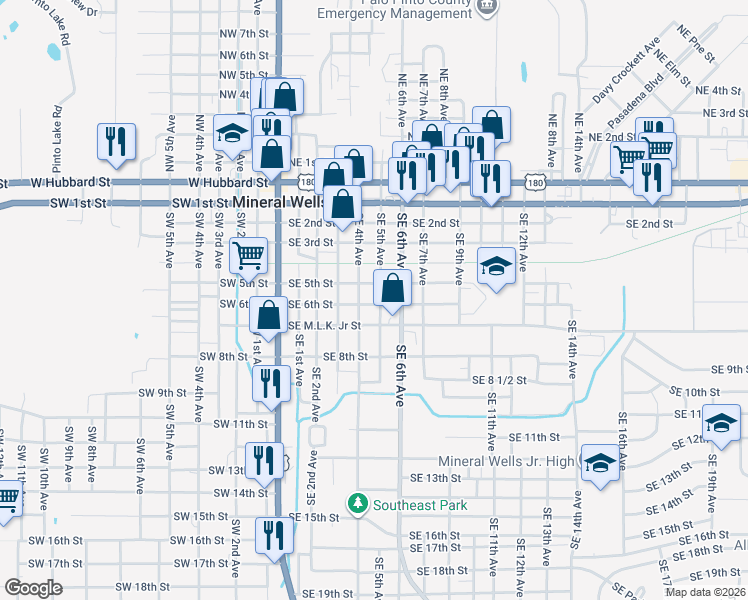 map of restaurants, bars, coffee shops, grocery stores, and more near 1908 Old Millsap Highway in Mineral Wells