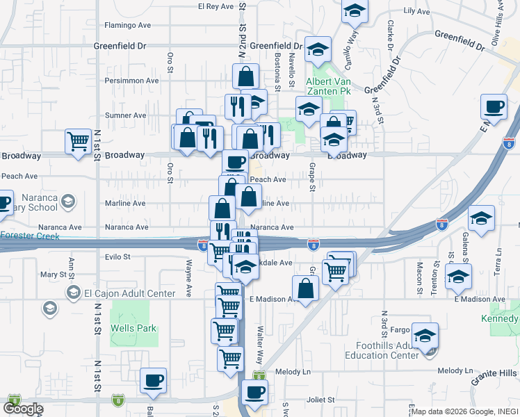map of restaurants, bars, coffee shops, grocery stores, and more near 1327 Marline Avenue in El Cajon