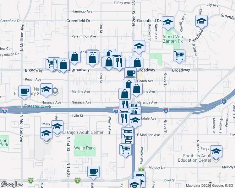 map of restaurants, bars, coffee shops, grocery stores, and more near 1237 Marline Avenue in El Cajon
