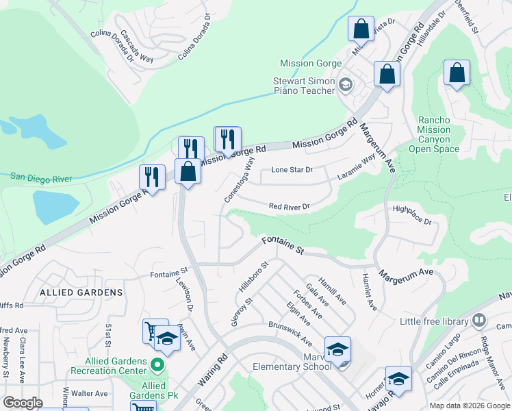 map of restaurants, bars, coffee shops, grocery stores, and more near 5521 Red River Drive in San Diego