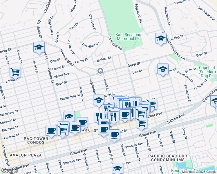 map of restaurants, bars, coffee shops, grocery stores, and more near 1712 Chalcedony Street in San Diego