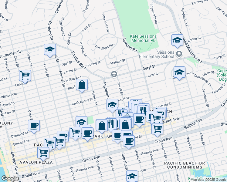 map of restaurants, bars, coffee shops, grocery stores, and more near 1636 Chalcedony Street in San Diego