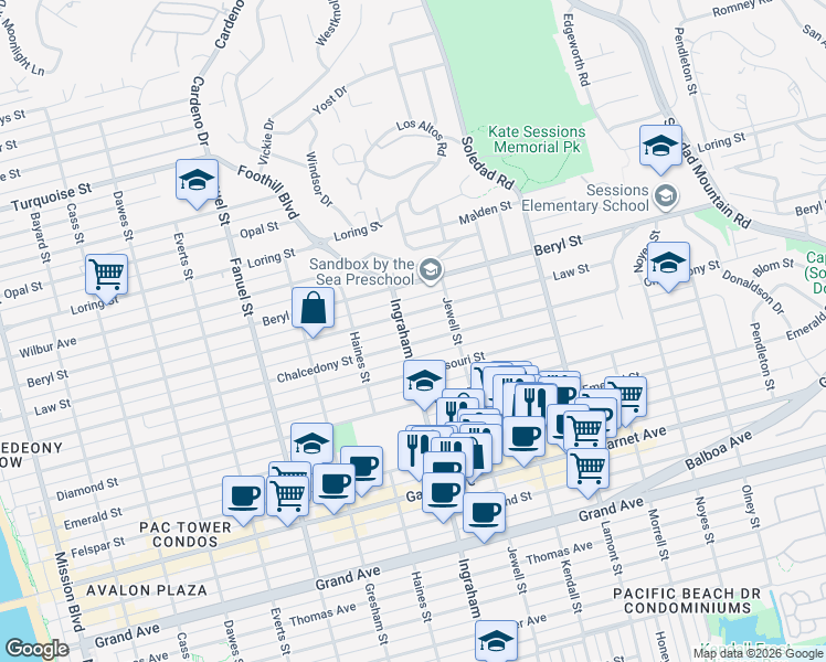 map of restaurants, bars, coffee shops, grocery stores, and more near 1636 Chalcedony Street in San Diego