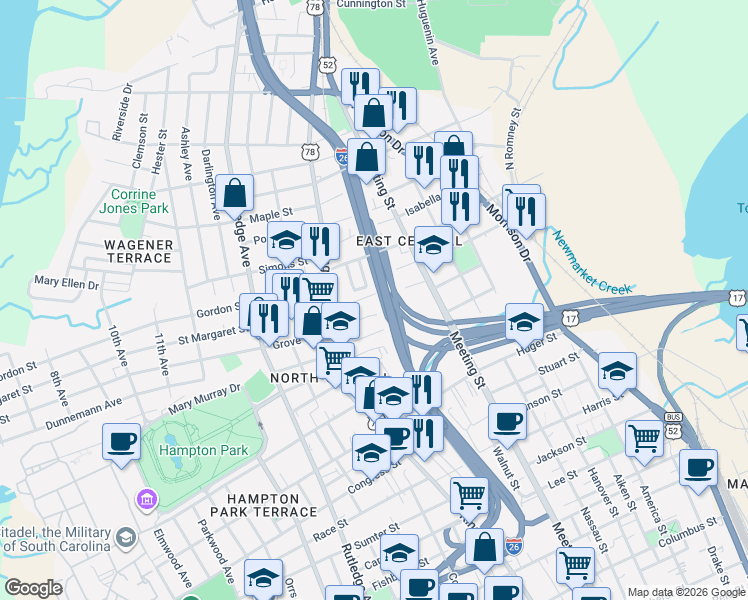 map of restaurants, bars, coffee shops, grocery stores, and more near 27 Poinsett Street in Charleston