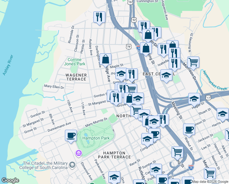 map of restaurants, bars, coffee shops, grocery stores, and more near 6 Paige Court in Charleston
