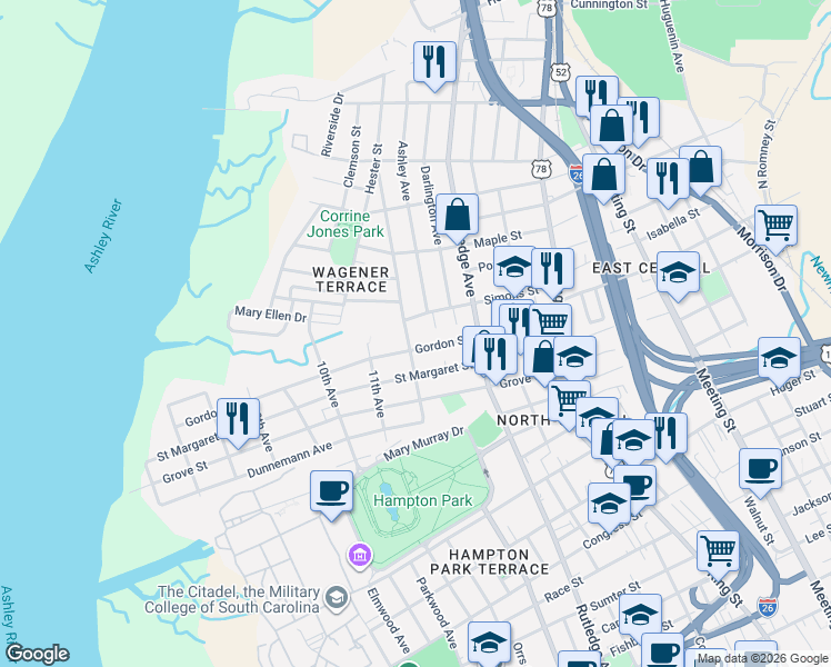 map of restaurants, bars, coffee shops, grocery stores, and more near 139 Simons Street in Charleston