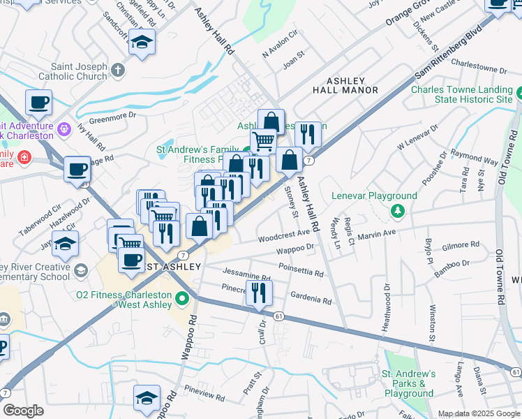 map of restaurants, bars, coffee shops, grocery stores, and more near 1623A Memminger Avenue in Charleston