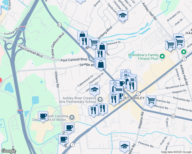 map of restaurants, bars, coffee shops, grocery stores, and more near 1833 Taberwood Circle in Charleston