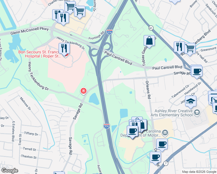 map of restaurants, bars, coffee shops, grocery stores, and more near 6 San Miguel Road in Charleston