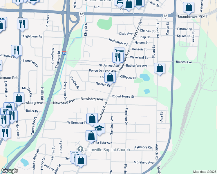 map of restaurants, bars, coffee shops, grocery stores, and more near 770 Quinlan Drive in Macon
