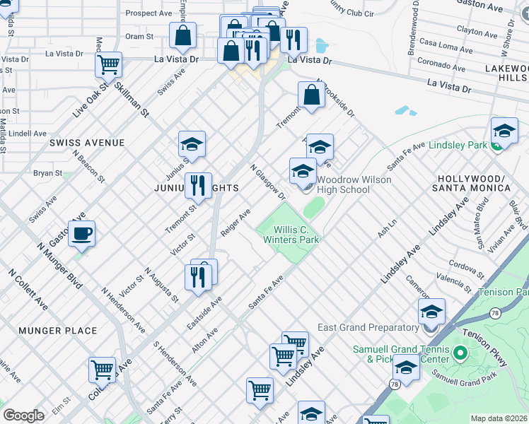 map of restaurants, bars, coffee shops, grocery stores, and more near 5906 Reiger Avenue in Dallas