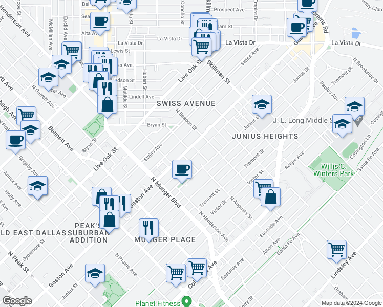 map of restaurants, bars, coffee shops, grocery stores, and more near in Dallas