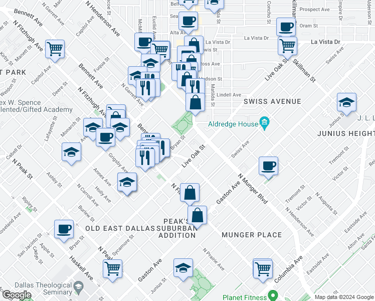 map of restaurants, bars, coffee shops, grocery stores, and more near 5027 Live Oak Street in Dallas