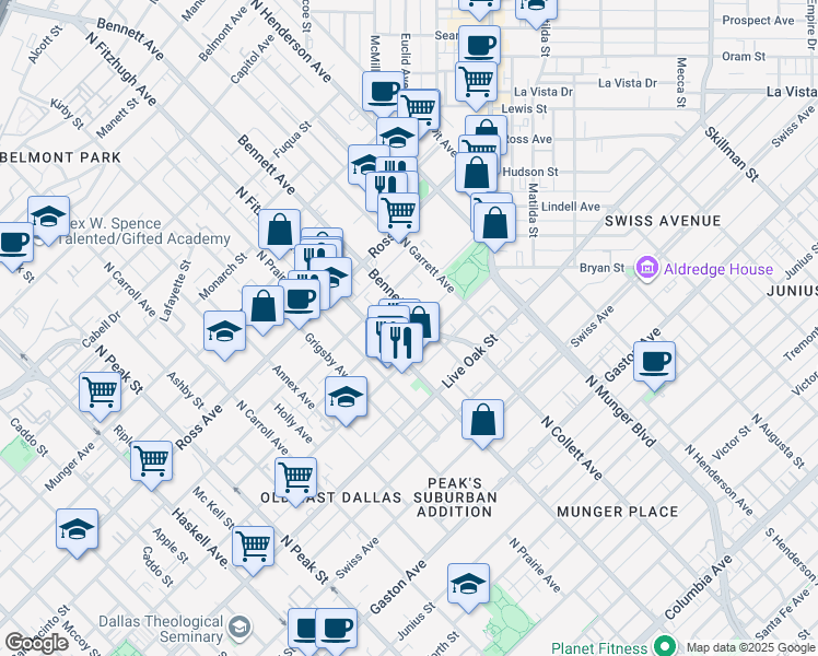map of restaurants, bars, coffee shops, grocery stores, and more near 1428 North Fitzhugh Avenue in Dallas