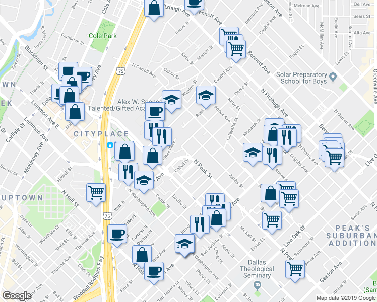 map of restaurants, bars, coffee shops, grocery stores, and more near 2202 North Peak Street in Dallas