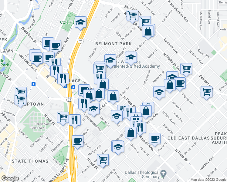 map of restaurants, bars, coffee shops, grocery stores, and more near 4144 Office Parkway in Dallas